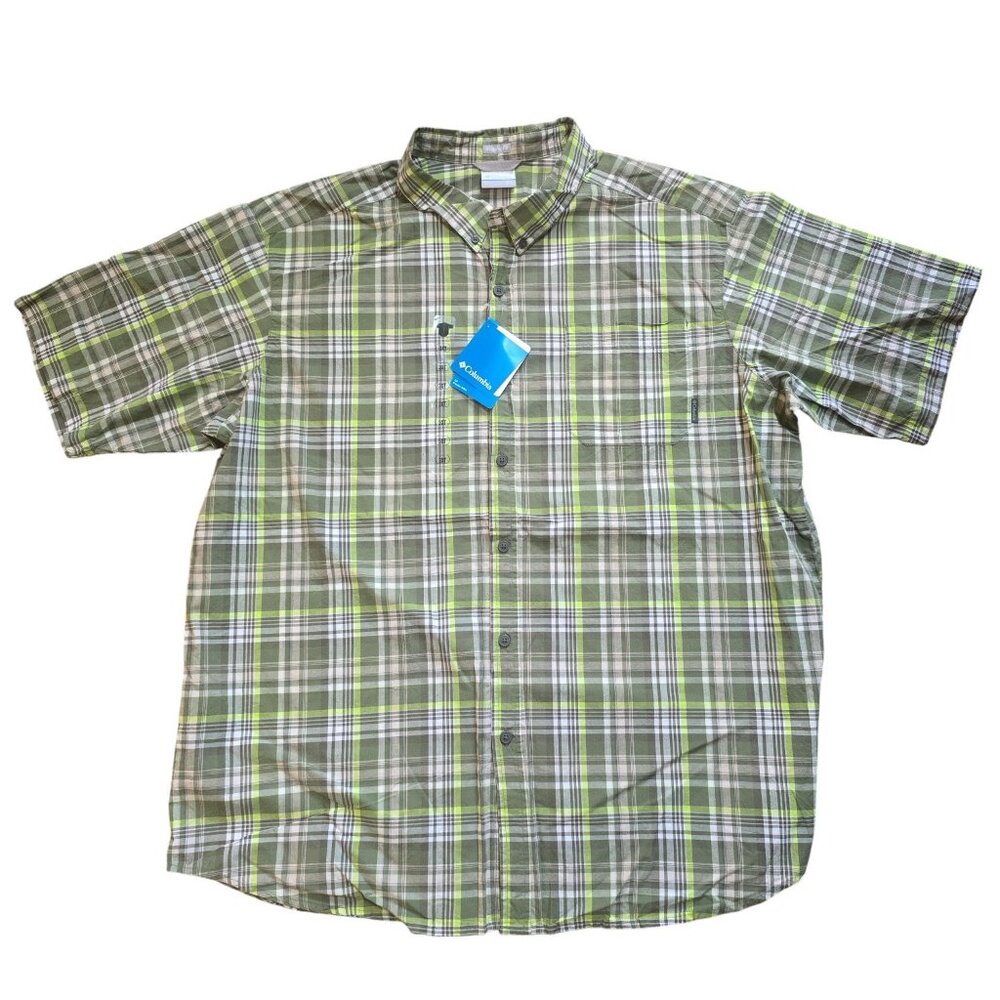 NEW Columbia Green Plaid Button Front Short Sleeve Shirt Size 3XT 100% Cotton